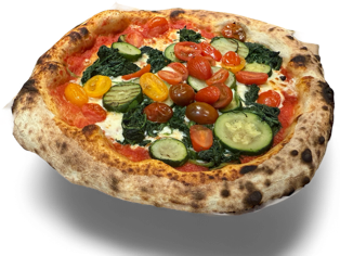 Pizza végétarienne garnie de courgettes, tomates cerises, épinards, cuite au four à bois - Pizzeria Amarena à Seraing